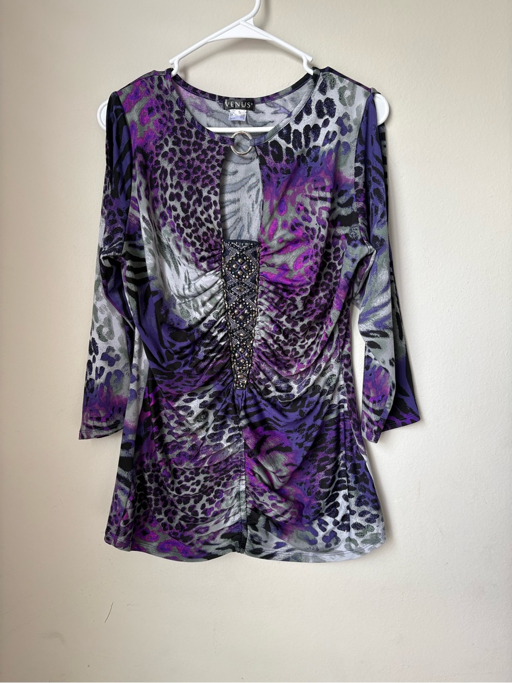 VENUS Purple Animal Print Ruched Rhinestone Embellished Top Size 8
